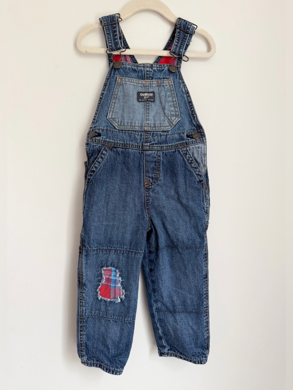 OshKosh B'gosh Denim Patched Up Overalls with Flannel Lining (Size 2T)